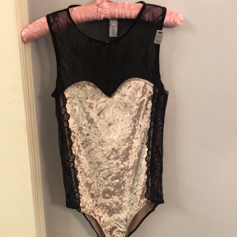 Sophie B sheer bodysuit with cream color velvet front/tush, Small
